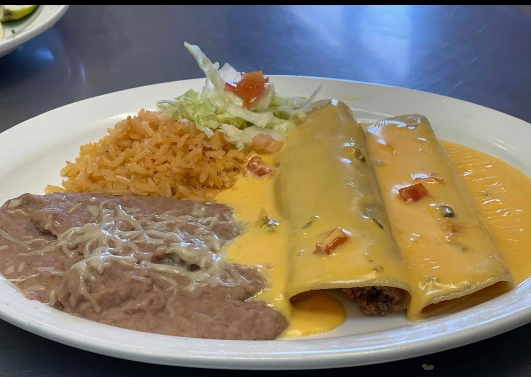 Cheese enchiladas with rice and beans