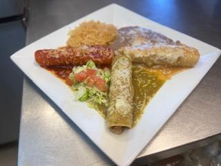 Mexican combination plate with enchiladas and sides